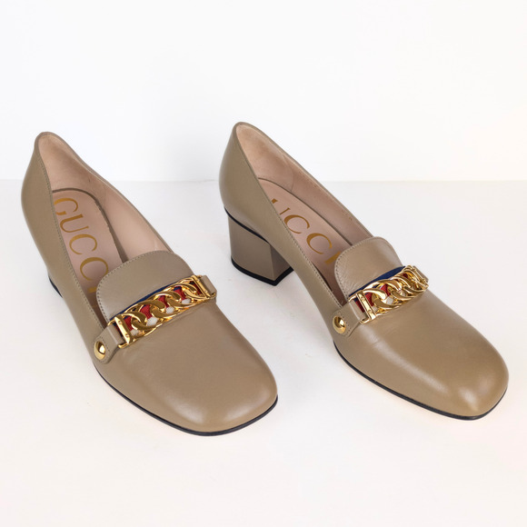 GUCCI Sylvie Loafer Pumps Tan Leather Mid-Heel Chain Web Stripe Women's EU 40 - Picture 2 of 12